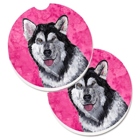 Pink Alaskan Malamute Set Of 2 Cup Holder Car Coaster